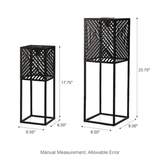 Glitzhome&reg; Black Metal Stripes Geometric Solar Powered Edison Bulb Outdoor Lantern Set {8}