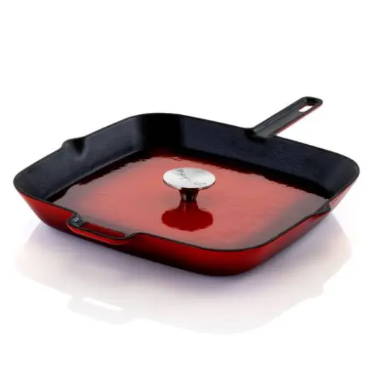 MegaChef 11" Square Red Enamel Cast Iron Grill Pan with Matching Grill Press {10}