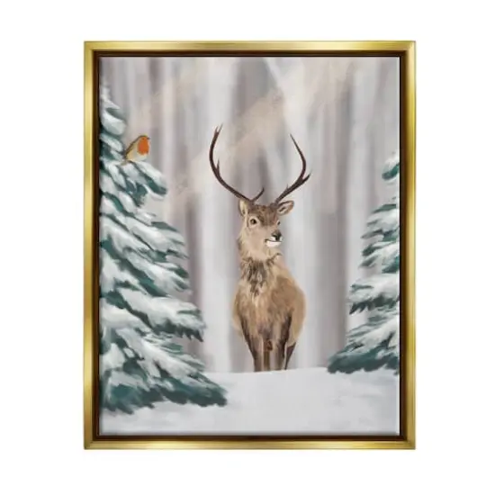 Stupell Industries Seasonal Deer Winter Landscape Framed Floater Canvas Wall Art Gold {1}