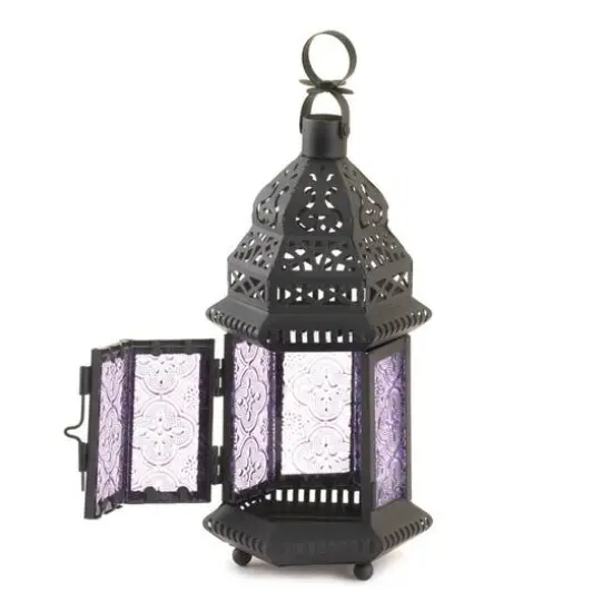 11'' Etched Purple Glass Moroccan Style Hanging Lantern {4}
