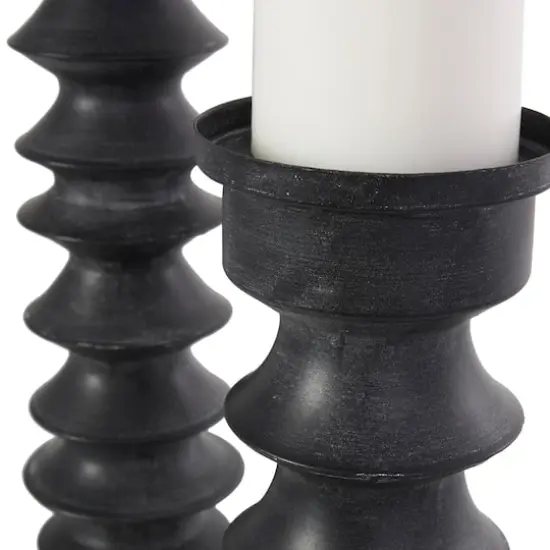Black Metal Turned Style Pillar Candle Holder with Brown Wood Bases Set {5}
