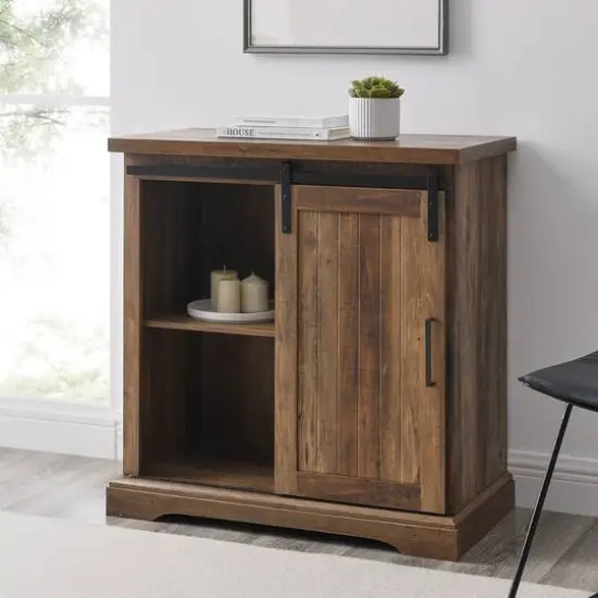 Walker Edison 32" Reclaimed Barnwood Sliding Grooved Door Modern Accent Cabinet  {3}