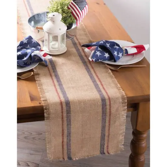 DII&reg; 108" Double Border Burlap Table Runner French Blue/Barn Red {6}