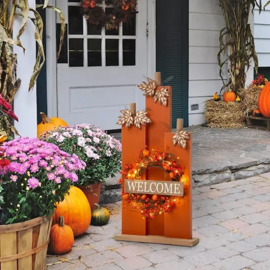 Glitzhome&reg; 30" Fall Lighted Pumpkin & Wreath D&eacute;cor {3}