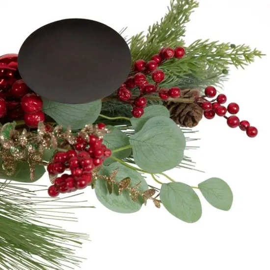 32" Triple Candle Holder With Red Berry & Poinsettia Christmas D&eacute;cor {6}