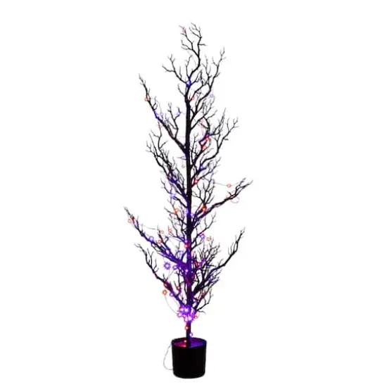 4ft. Pre-Lit Artificial Halloween Black Spooky Twig Tree with 160 Orange & Purple Copper Wire String LED Lights {4}