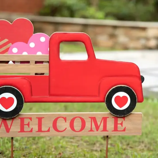 Glitzhome&reg; 24" Metal Wooden Valentine's Truck Yard Stake & Hanging Sign {5}
