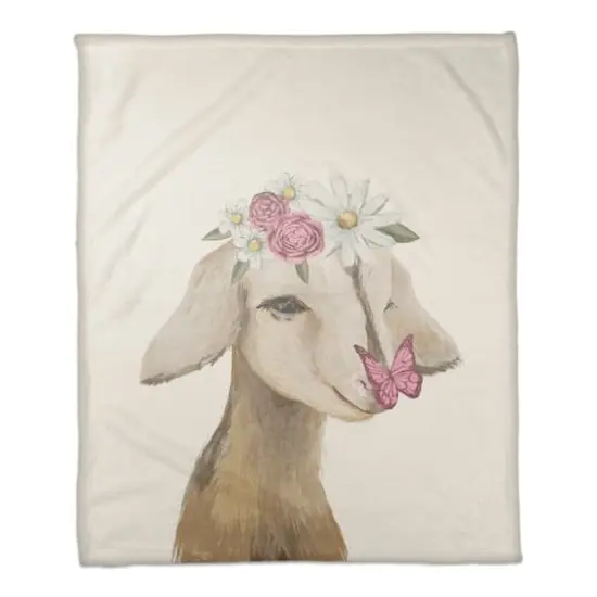 50" x 60" Cute Baby Goat with Butterfly & Flowers Coral Fleece Blanket {1}