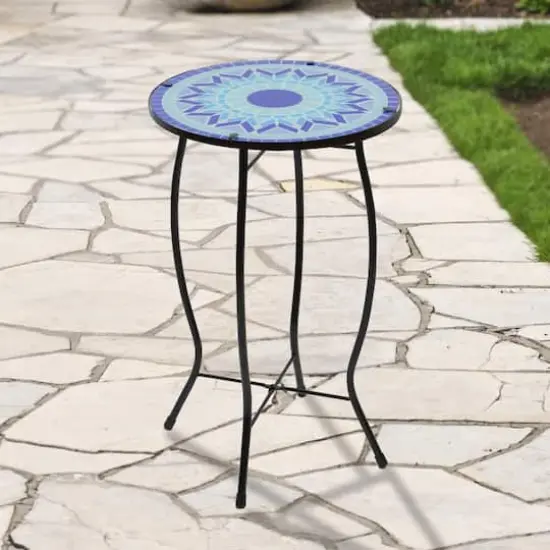 19" Blue Sun Mosaic Glass Patio Side Table {3}