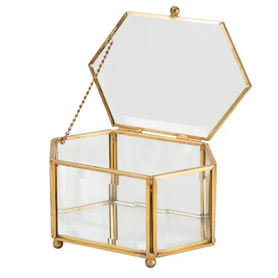 Home Details Vintage Mirrored Bottom Gold Hexagonal Glass Keepsake Box {3}