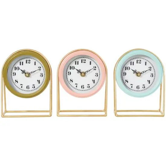 7" Multicolor Pastel Metal Tabletop Clock Set with Gold Frames, 3ct. {1}