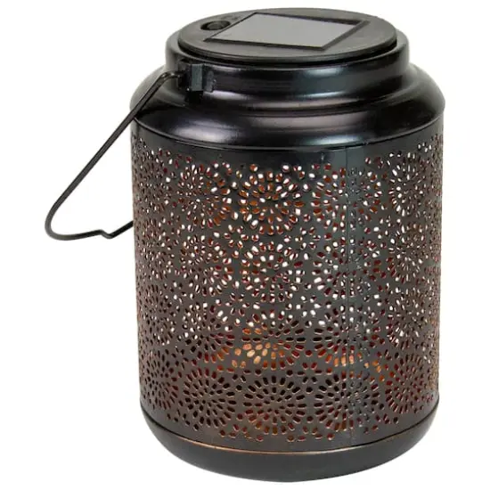 7" Black Outdoor Integrated Floral LED Solar Lantern with Handle {5}