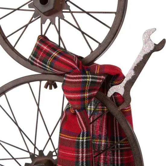Glitzhome&reg; 34" Metal Bike Wheel Snowman with Plaid Scarf Porch D&eacute;cor {7}