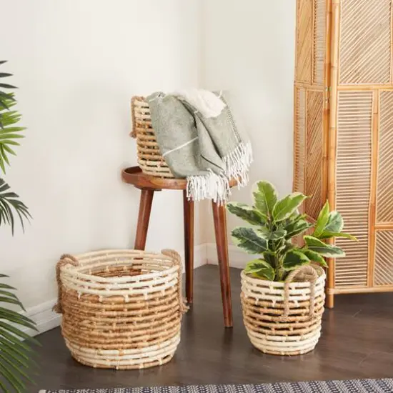 Round Beige Contemporary Sea Grass Storage Basket Set {11}