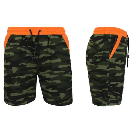 Galaxy By Harvic Men's French Terry Jogger Sweat Lounge Shorts with Contrast Trim Design Camouflage and Orange {1}