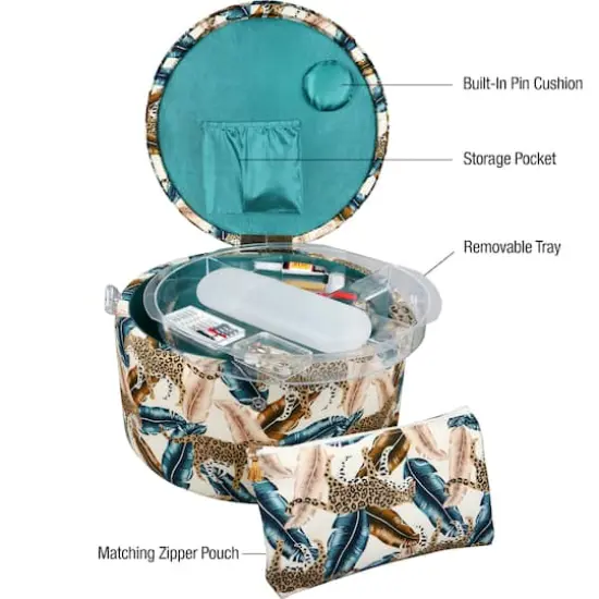 SINGER&reg; Large Jungle Print Premium Round Sewing Basket with Travel Sewing Kit {3}