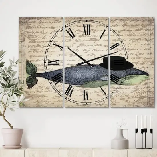 Designart Old Style Whale With Hat Oversized Nautical & Coastal 3 Panel Wall Clock {3}