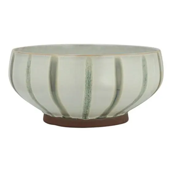 Hello Honey® 10" Cream & Green Reactive Glaze Stripes Hand-Painted Stoneware Bowl {6}