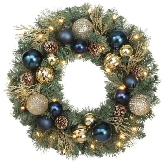 Haute Decor 24" Pre-Lit Sutton Place Blue & Gold Ornament Christmas Wreath, Soft White LED Lights {1}