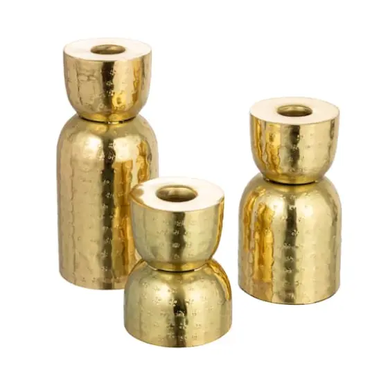 Hello Honey&reg; Antique Gold Hammered Metal Taper Candle Holder Set {5}