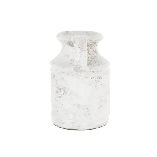 10" White Ceramic Antique Style Textured Vase with Terracotta Accents and Ring Handle {9}