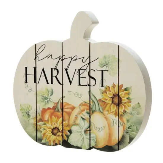 Glitzhome&reg; 9.75" "Happy Harvest" Wooden Pumpkin Table Sign {7}