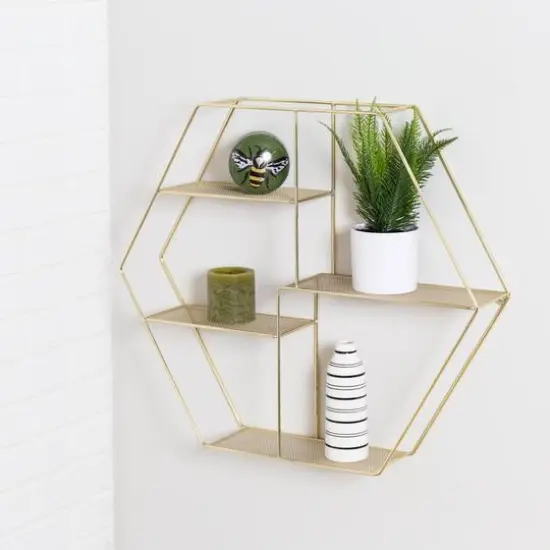 Honey Can Do 21" Gold Hexagonal Decorative 4-Tier Metal Wall Shelf {3}