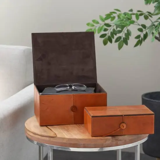 Leather Storage Box with Leather Loop Closure Set Light Brown {3}