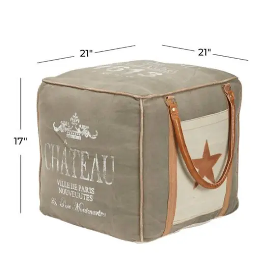 Gray Fabric and Leather Rustic Pouf, 17" x 21" x 21" {10}