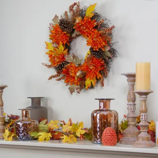 22'' Mums & Acorns Floral Twig Artificial Wreath {3}