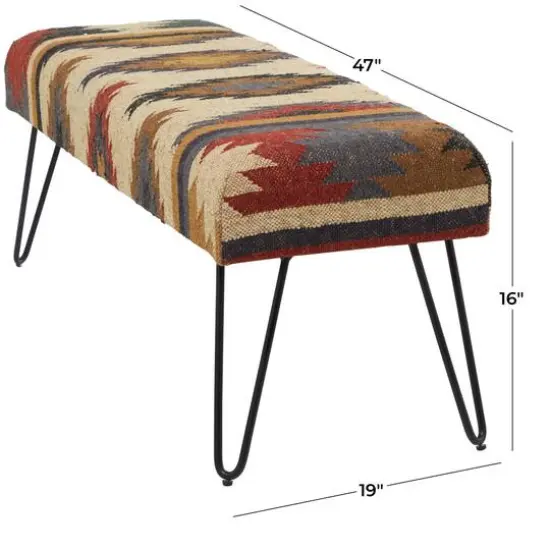 47" Multicolored Metal Tribal Bench with Metal Hairpin Legs {6}