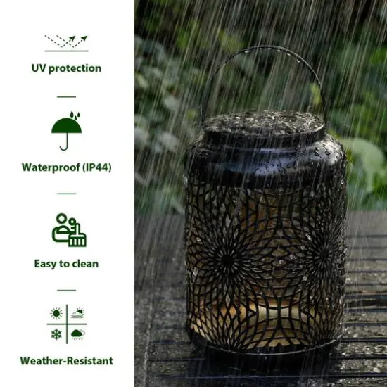 Glitzhome&reg; 8.75" Metal Cutout Solar Powered Hanging Lantern Set Black {8}