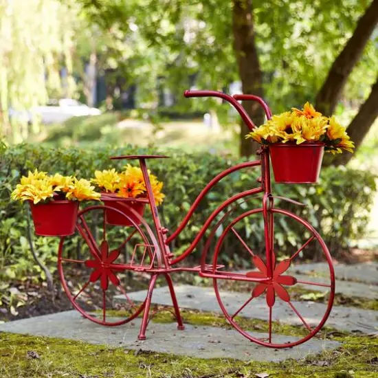 Glitzhome&reg; 25.98" Red Metal Bicycle Planter {5}
