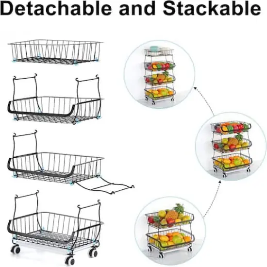Black 4-Tier Fruit Storage Basket Rolling Cart {4}