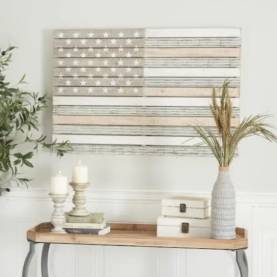 White Wood French Country American Flag Wall Decor, 26" x 38" x 2" {8}