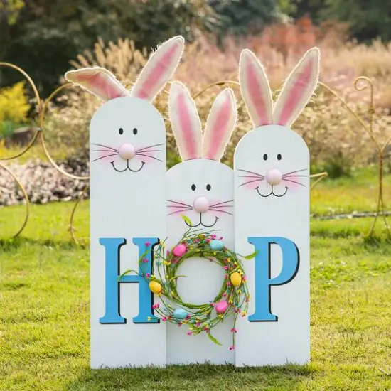 Glitzhome® 29.5" Easter Bunny Family HOP Wooden Porch Sign {3}