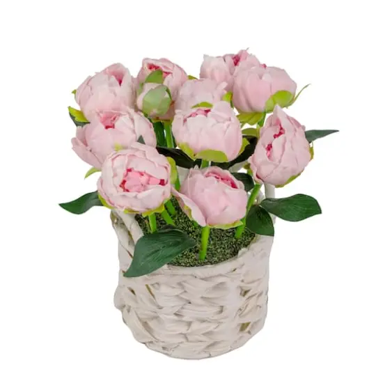 10" Peony Flower Bouquet In White Basket Pink {6}