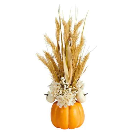 21" Dried Wheat And Pumpkin Fall Arrangement In Pumpkin Vase {1}