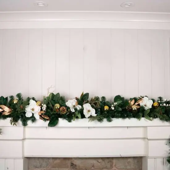 9ft. Pre-Lit Artificial White & Gold Magnolia Christmas Garland White Gold Magnolia {6}