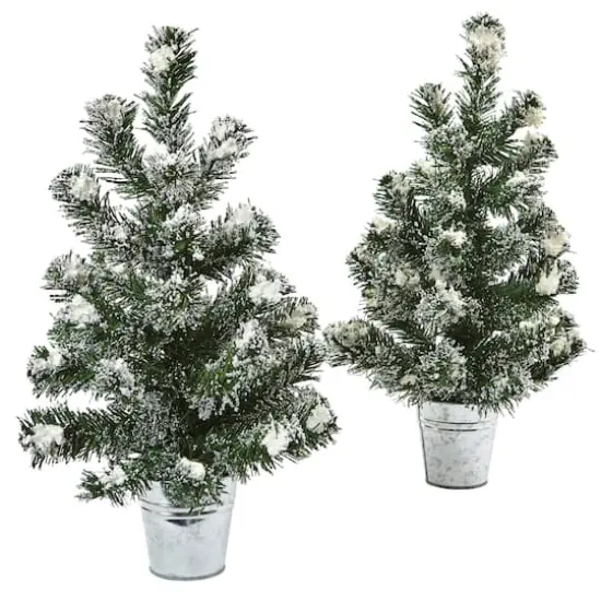 2 Pack 18" Unlit Snowy Mini Pine Artificial Christmas Trees with Tin Planters {1}