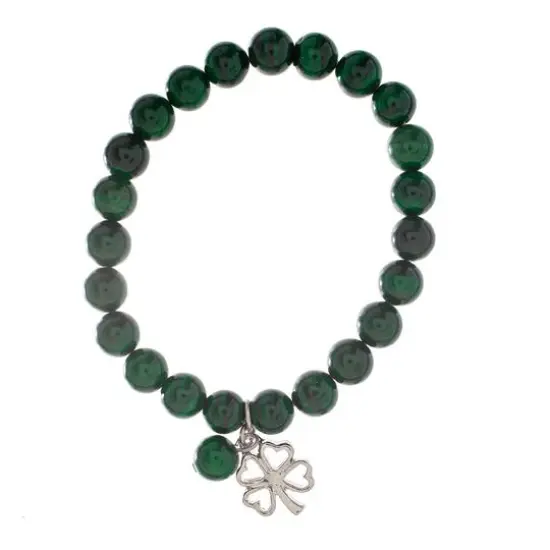 John Bead Malachite Natural Stone Stretch Bracelet with Clover Charm {1}