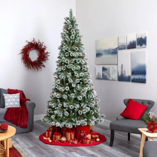 9ft. Pre-Lit Frosted Swiss Pine & Berries Artificial Christmas Tree with Clear LED Lights {8}