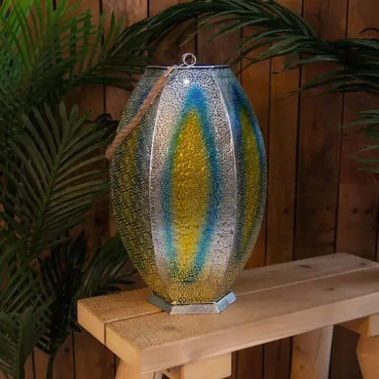 15.5" Silver Floral Outdoor Hanging Solar Lantern with Jute Handle {3}