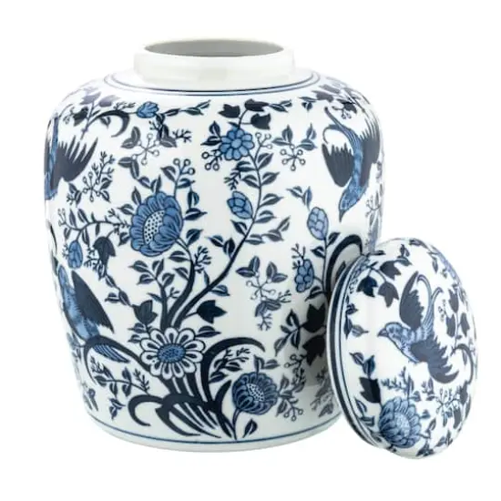 Hello Honey&reg; 8" Blue & White Decorative Bird Ceramic Ginger Jar with Lid {7}