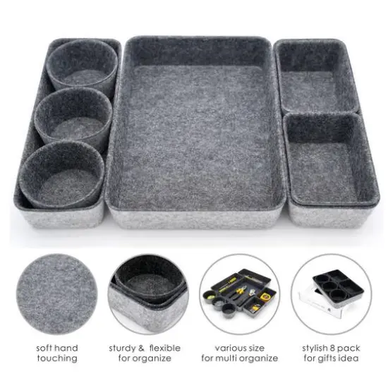 Welaxy 8 Piece Felt Round Cups & Trays Drawer Organizer Set Charcoal {4}