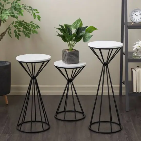 Black Metal Geometric Cone Shaped Rod Plant Stand with Marble Tabletop Set {5}