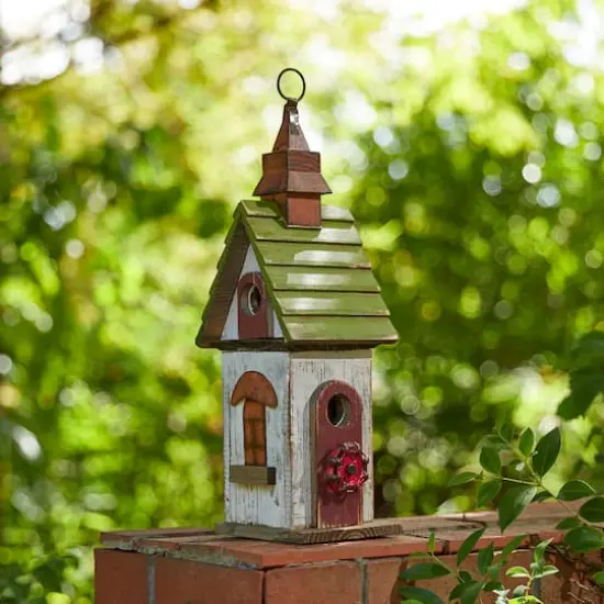 Glitzhome&reg; 15.75" White & Green Distressed Wood Birdhouse {4}