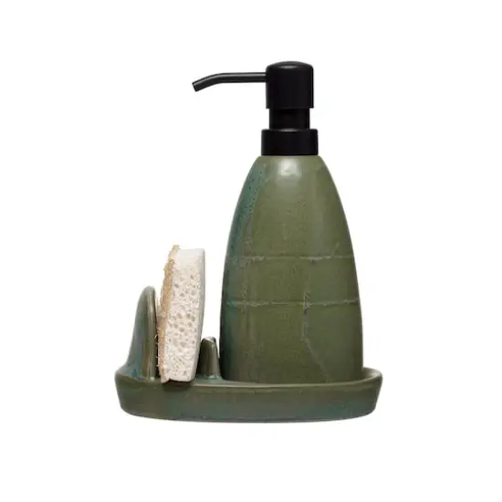 Hello Honey&reg; Matte Green Reactive Glaze Stoneware Soap Dispenser with Loofah & Holder Set {1}