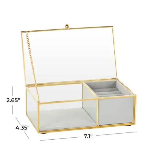 7" x 4" x 3" Clear & Gold Glass & Metal Jewelry Box with Chain Accent & Fabric Ring Slots {5}