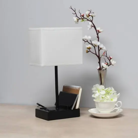 Simple Designs 15.3" Table Lamp with 2 USB Ports & Charging Outlet Black Base/White Shade {3}